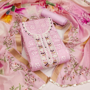 Pink Floral Printed With Hand Embroidery Chanderi Dress Material