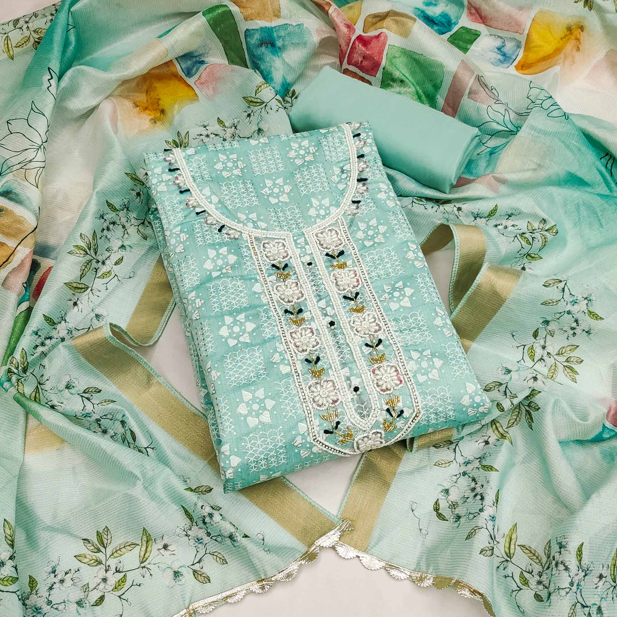 Turquoise Floral Printed With Hand Embroidery Chanderi Dress Material