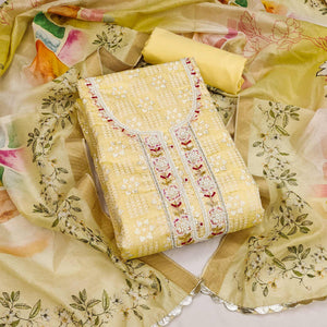Yellow Floral Printed With Hand Embroidery Chanderi Dress Material