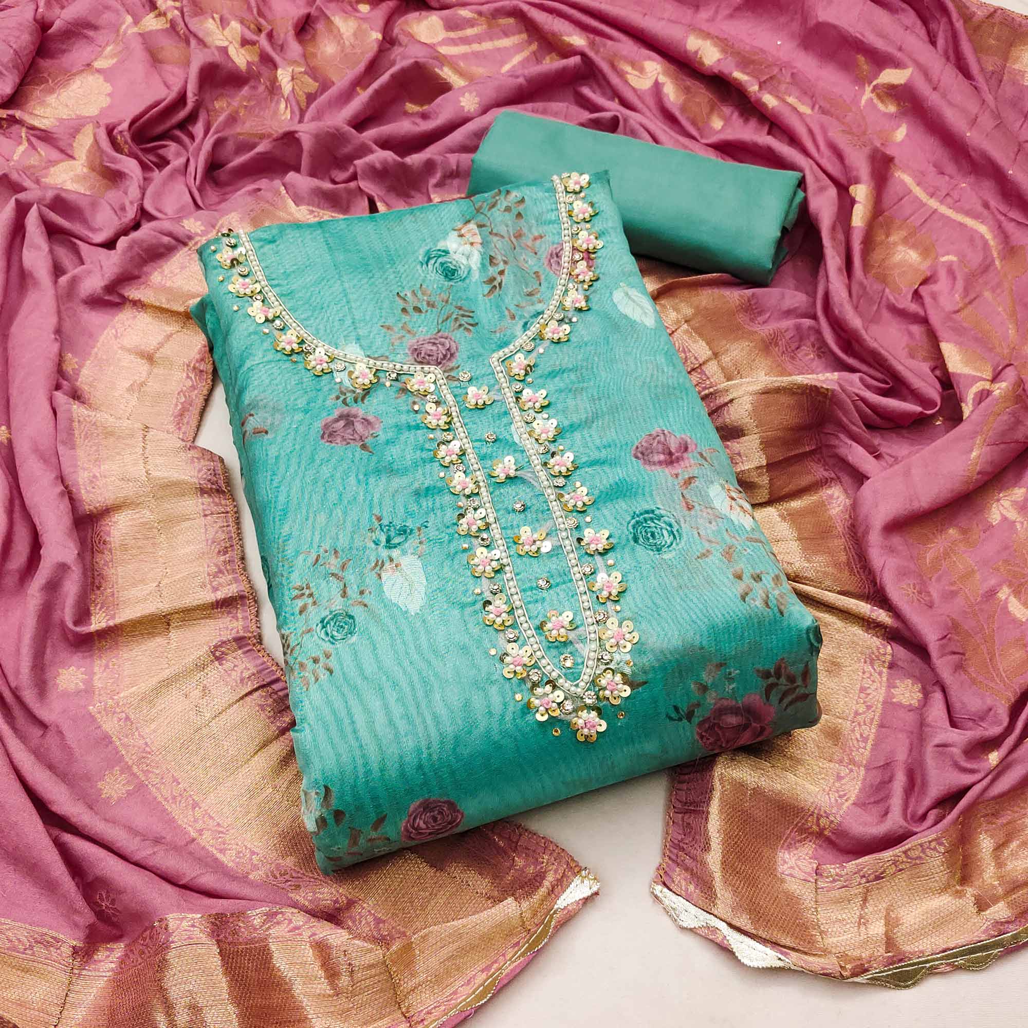 Turquoise Floral Digital Printed With Handwork Organza Dress Material