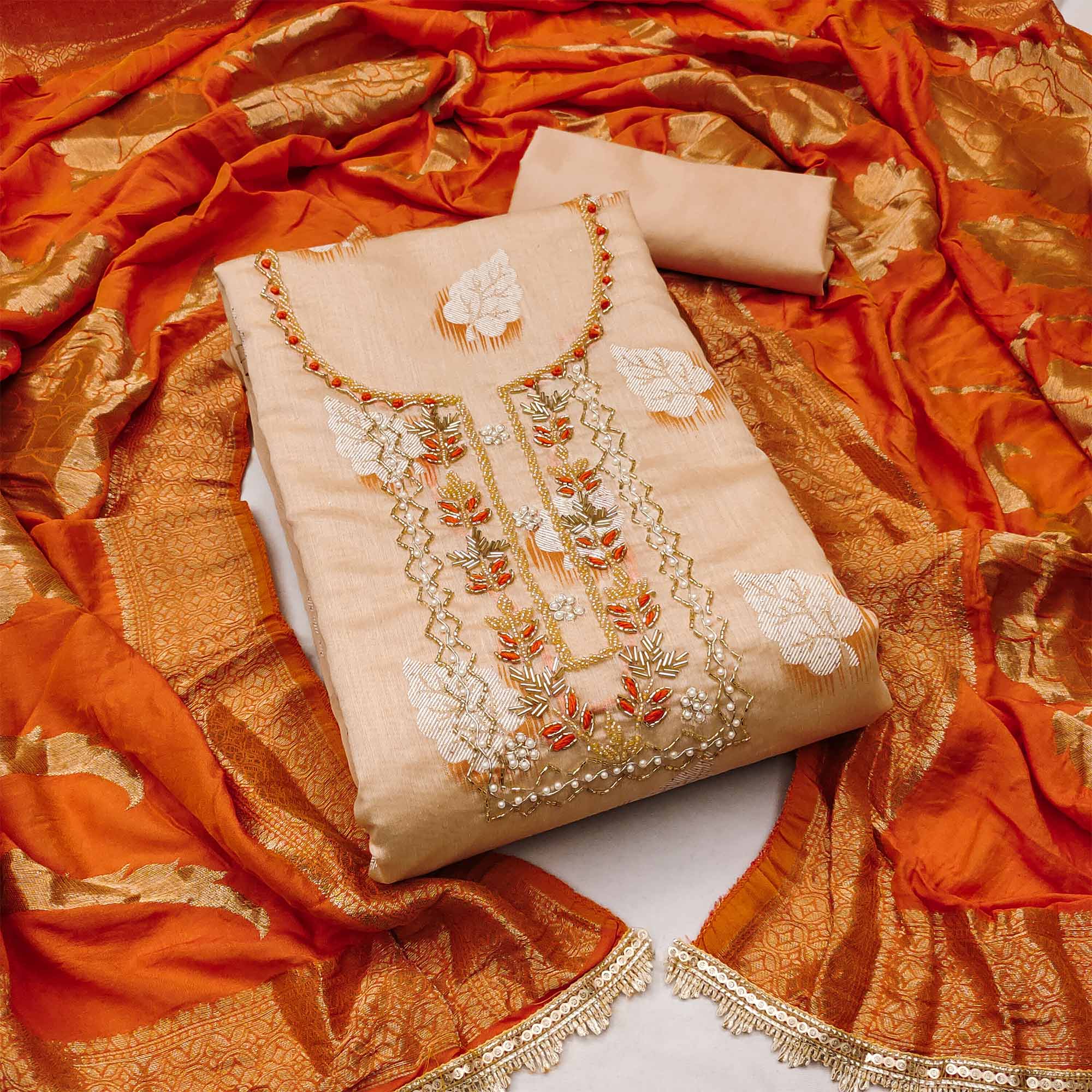 Light Peach Printed With Hand Embroidery Chanderi Dress Material