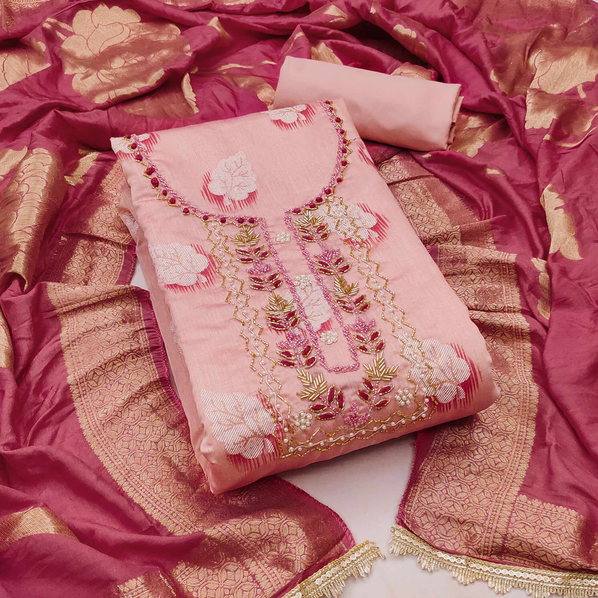 Peach Printed With Hand Embroidery Chanderi Dress Material