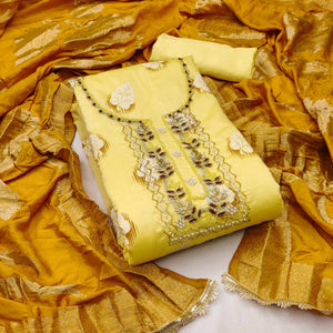 Yellow Printed With Hand Embroidery Chanderi Dress Material