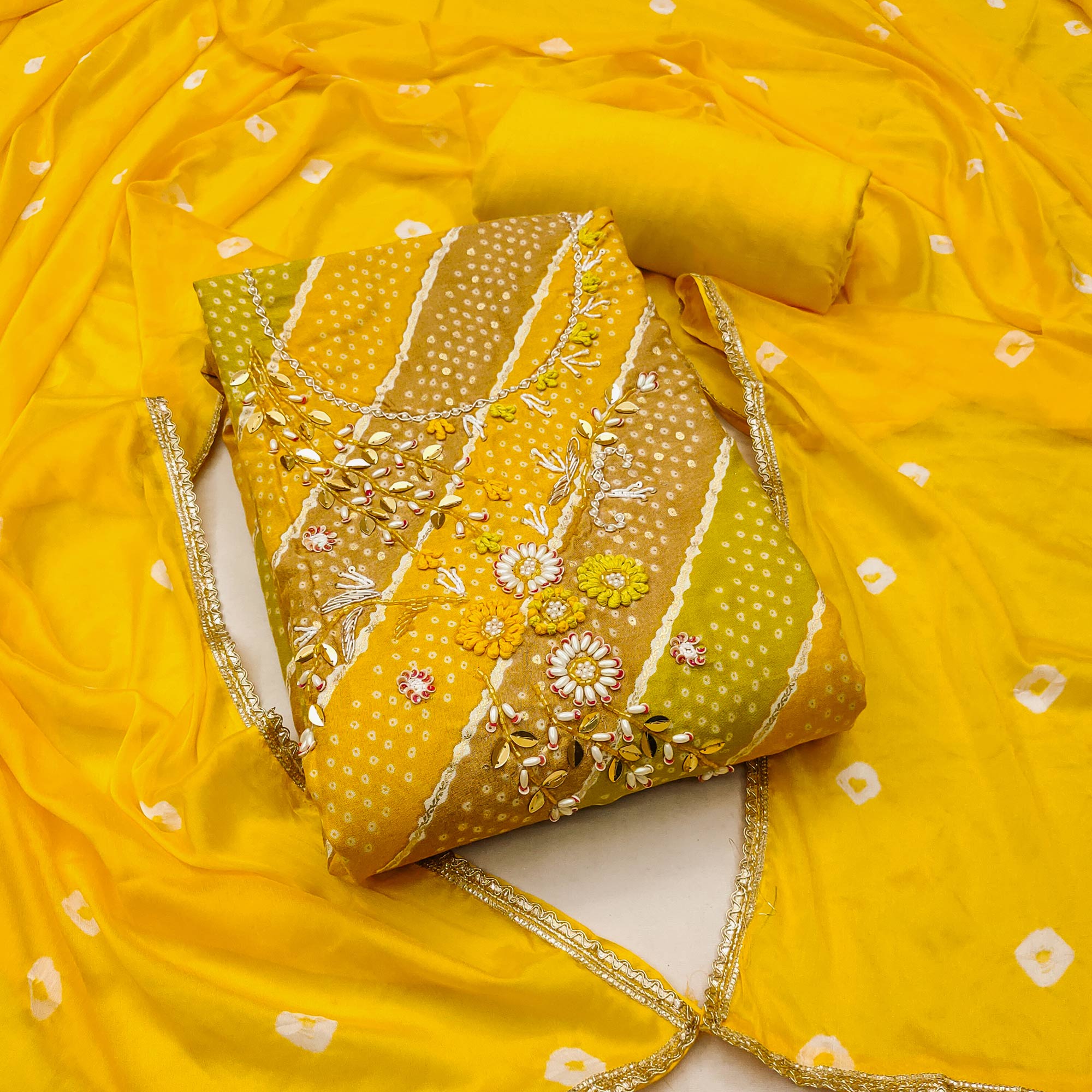 Yellow Bandhani Printed With Hand Embroidery Rayon Dress Material