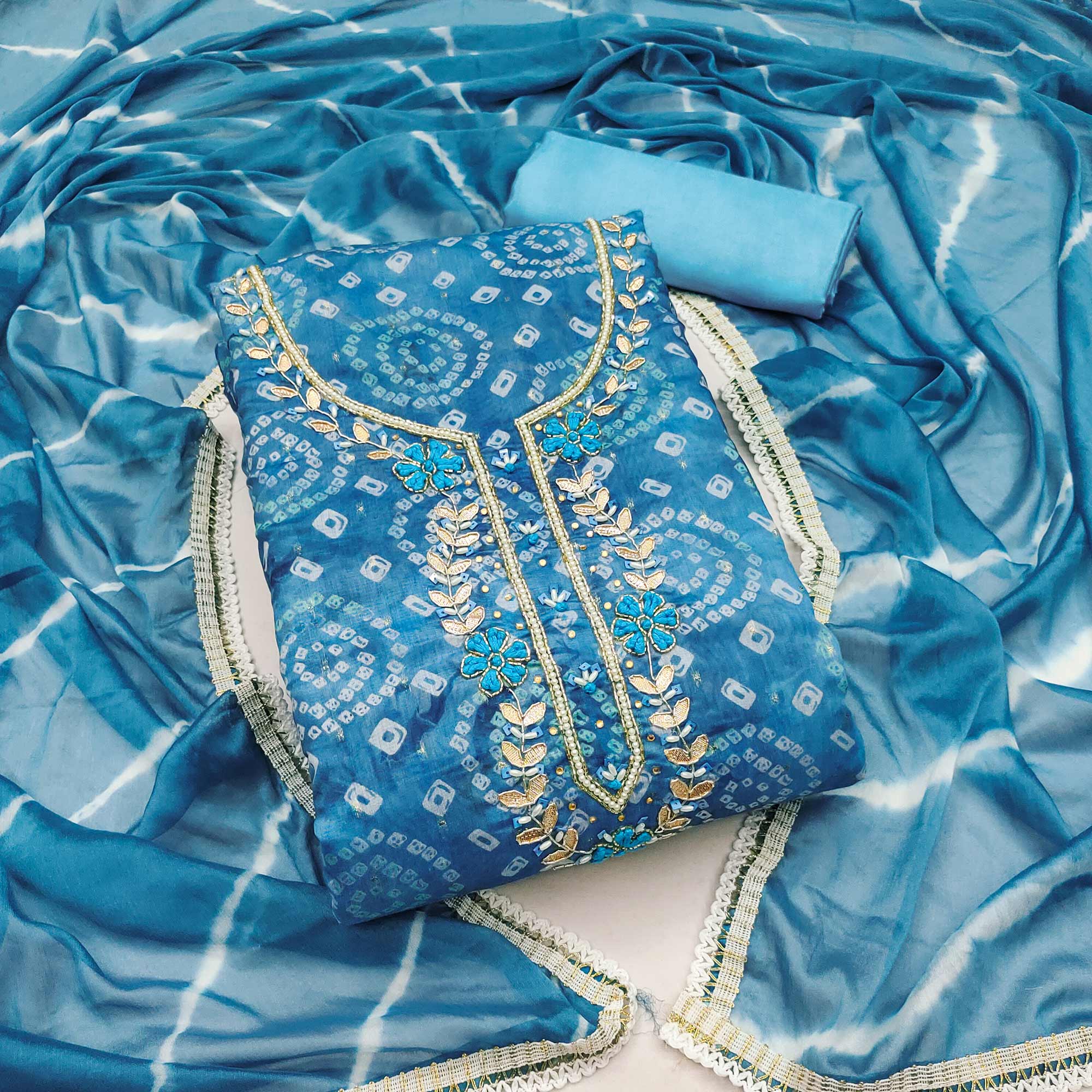 Blue Bandhani Printed With Hand Embroidery Chanderi Dress Material