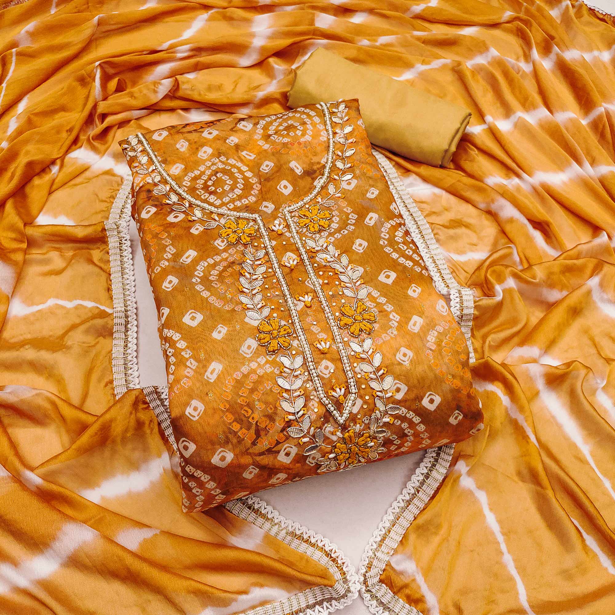 Mustard Bandhani Printed With Hand Embroidery Chanderi Dress Material