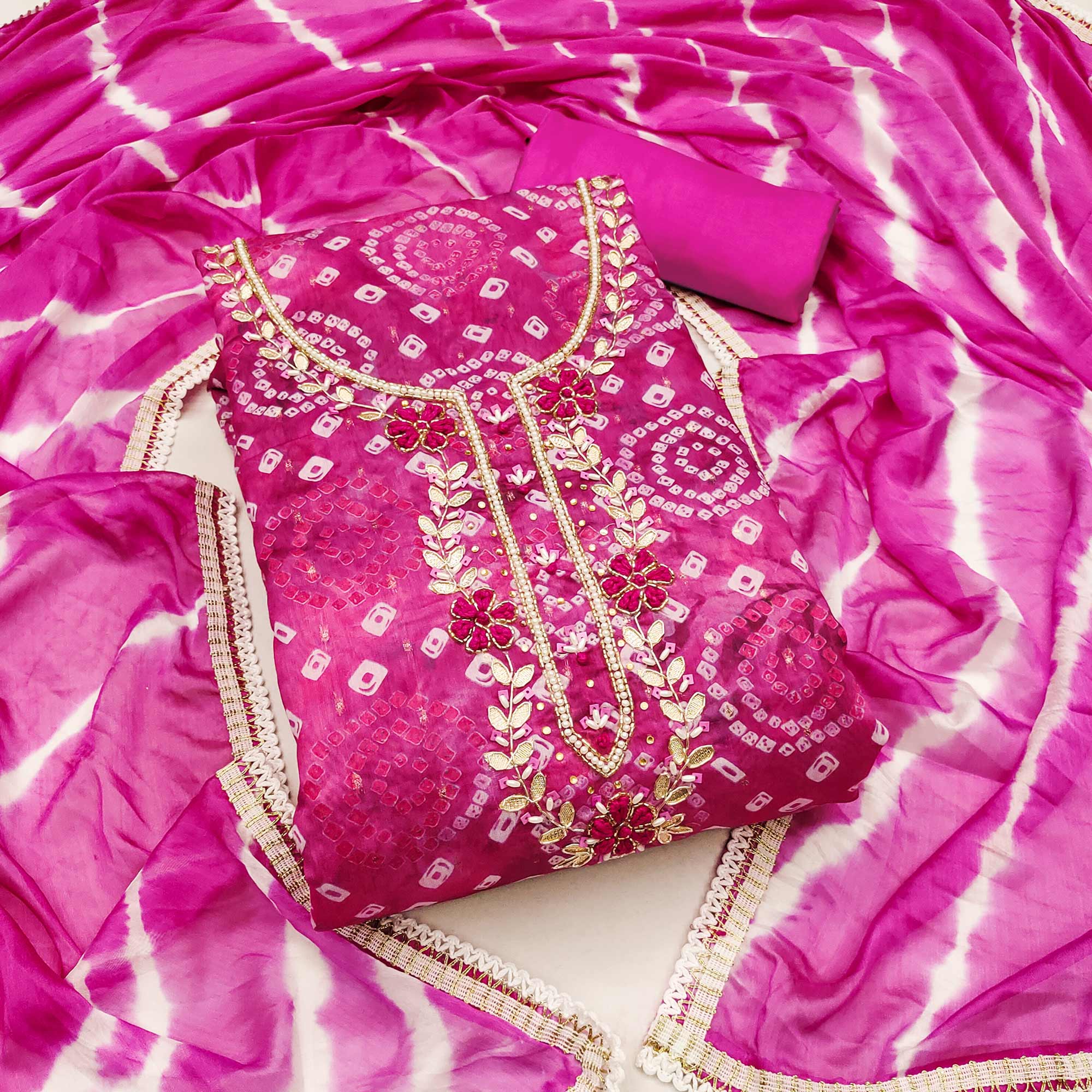 Pink Bandhani Printed With Hand Embroidery Chanderi Dress Material