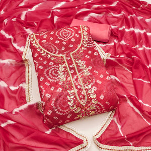 Red Bandhani Printed With Hand Embroidery Chanderi Dress Material