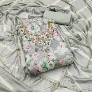Grey Floral Digital Printed With Hand Embroidery Muslin Dress Material
