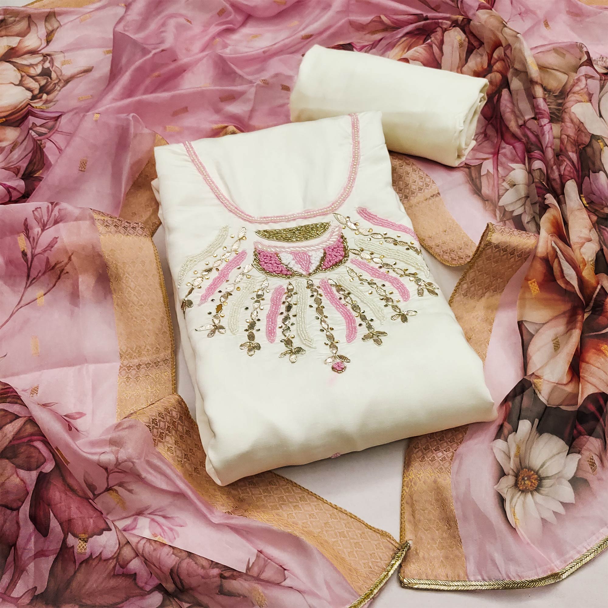 Offwhite Hand Embroidered Cotton Silk Dress Material