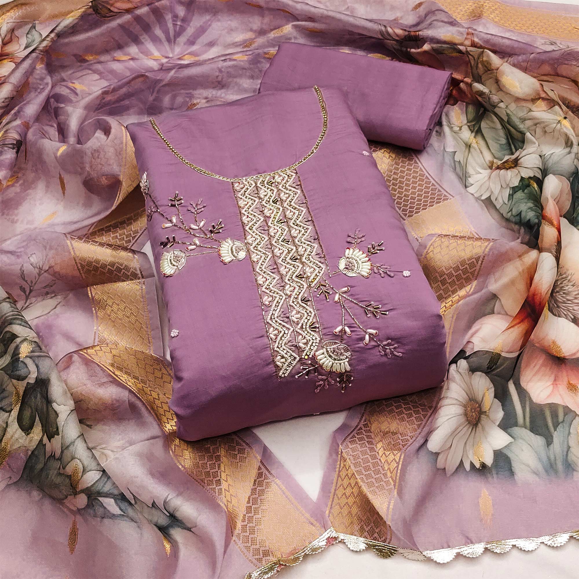 Purple Floral Hand Embroidered Cotton Silk Dress Material