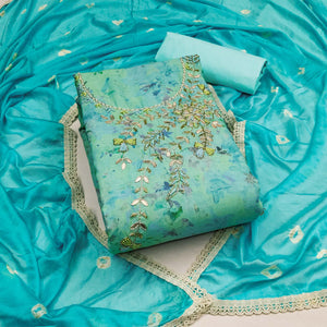 Blue Printed With Hand Embroidery Pure Cotton Dress Material