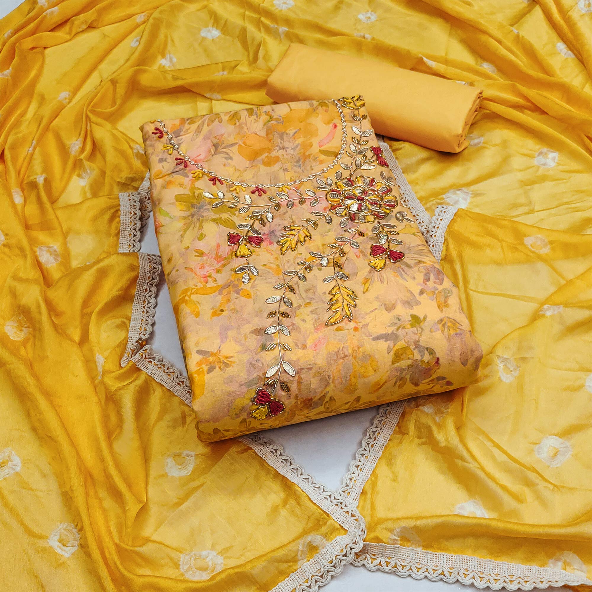 Yellow Printed With Hand Embroidery Pure Cotton Dress Material