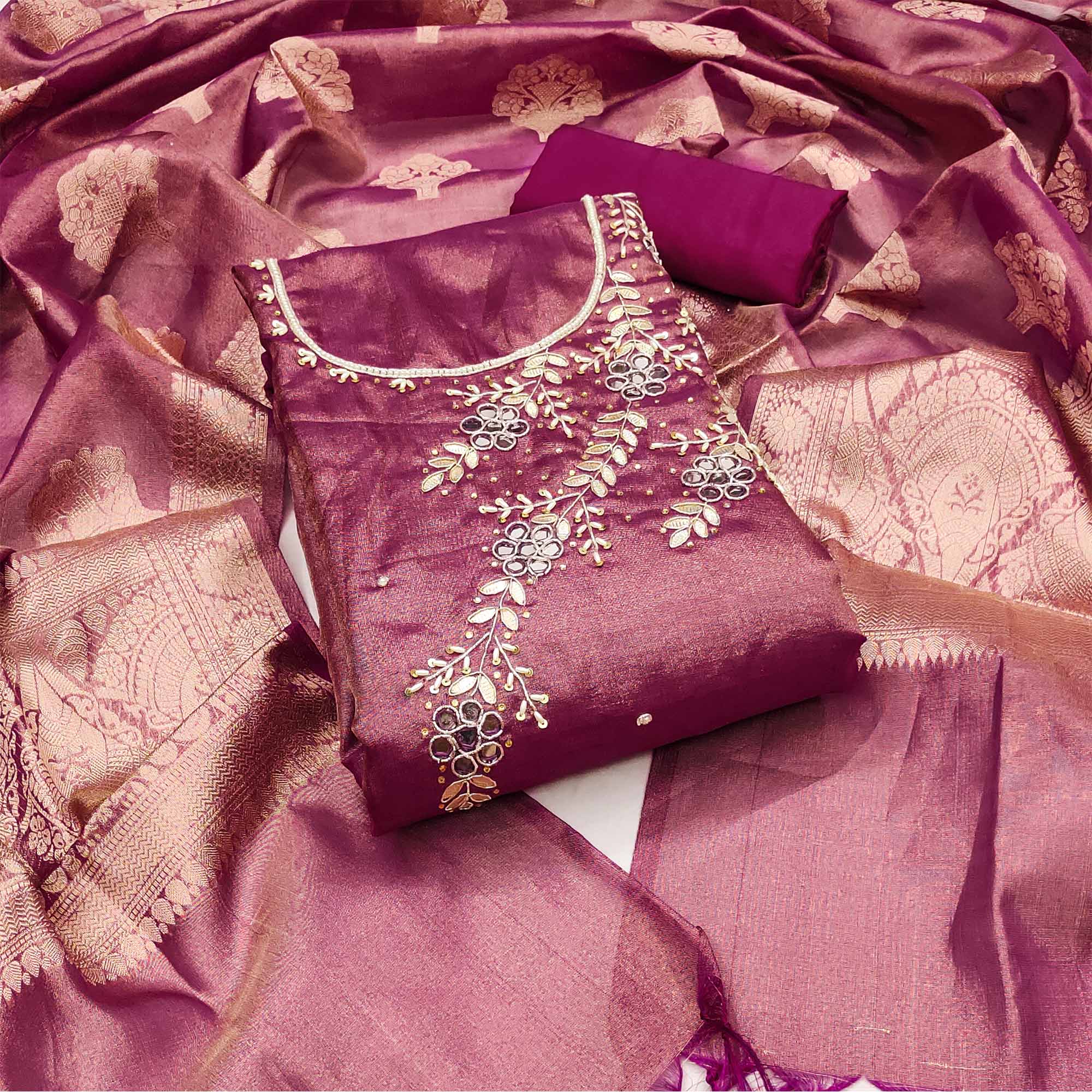 Purple Floral Hand Embroidered Viscose Dress Material