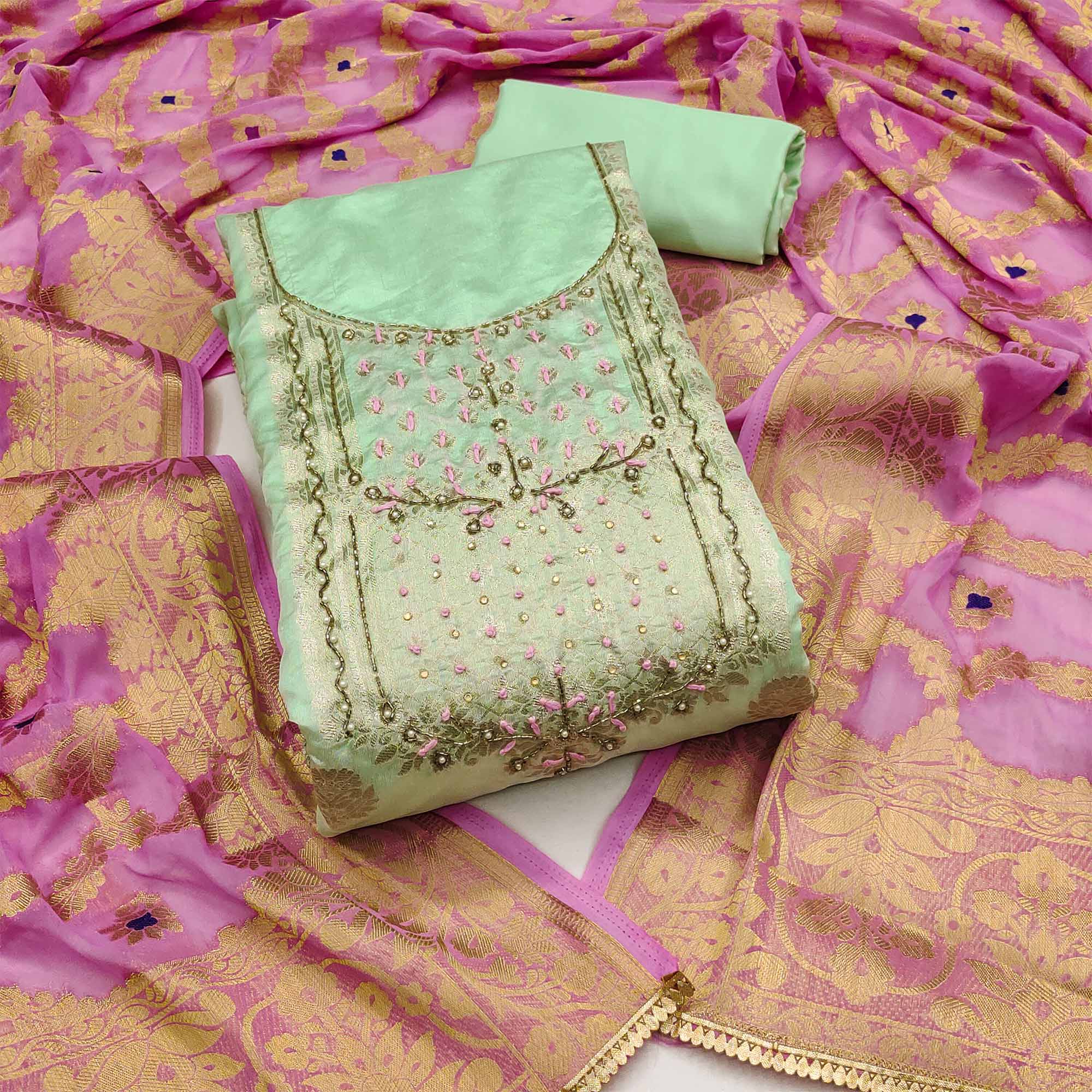 Green Woven With Hand Embroidered Chanderi Dress Material