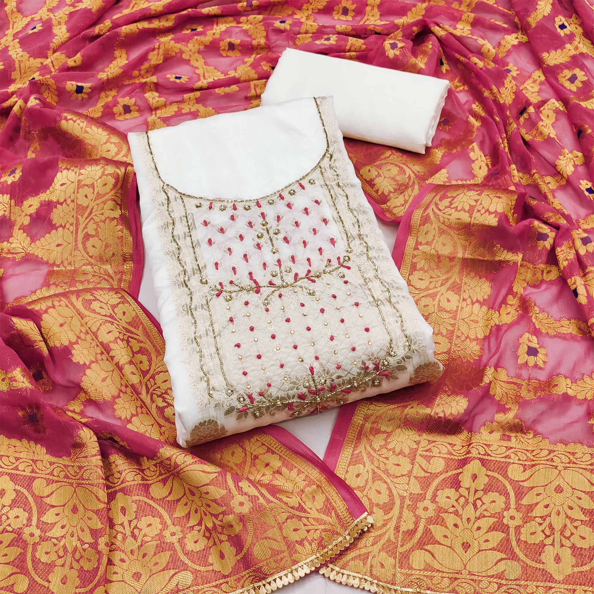 Offwhite Woven With Hand Embroidered Chanderi Dress Material