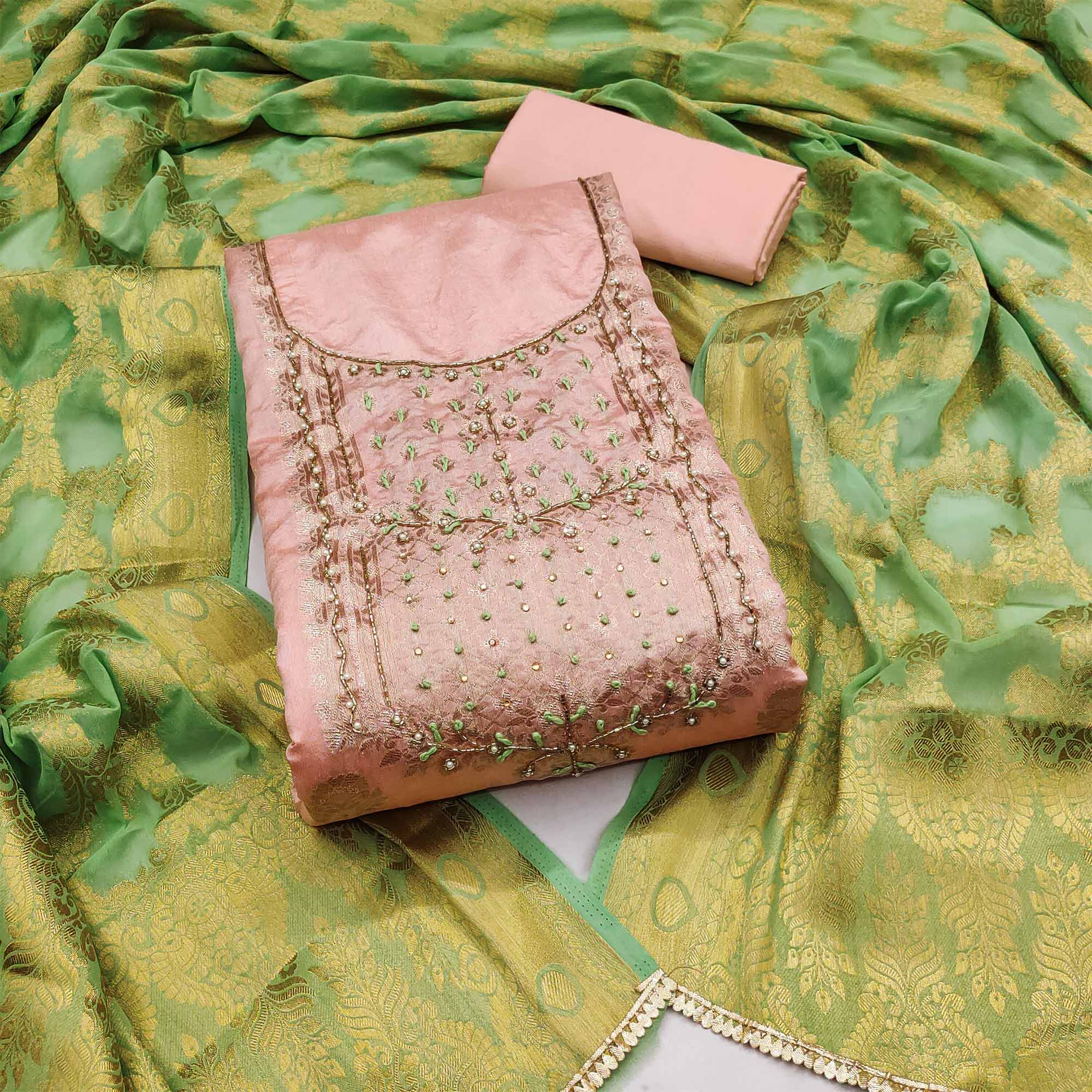 Peach Woven With Hand Embroidered Chanderi Dress Material