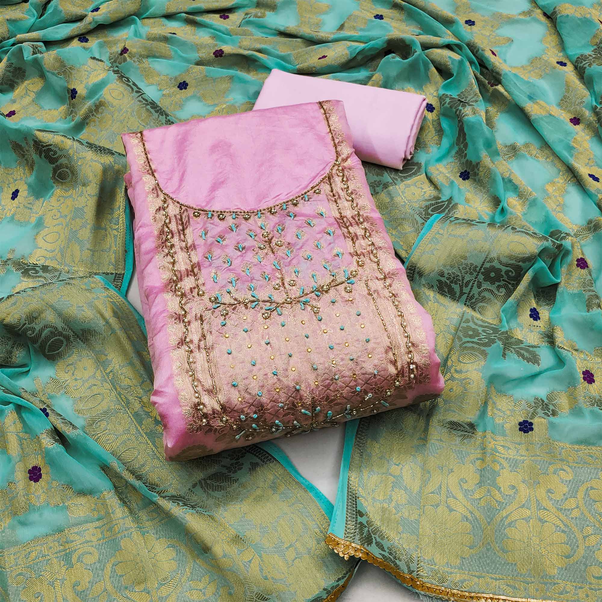 Pink Woven With Hand Embroidered Chanderi Dress Material