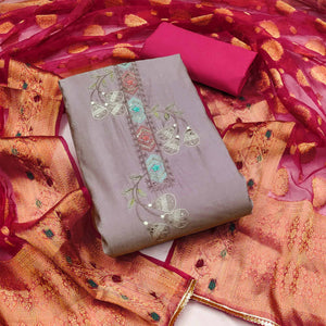 Light Purple Floral Embroidered Cotton Silk Dress Material