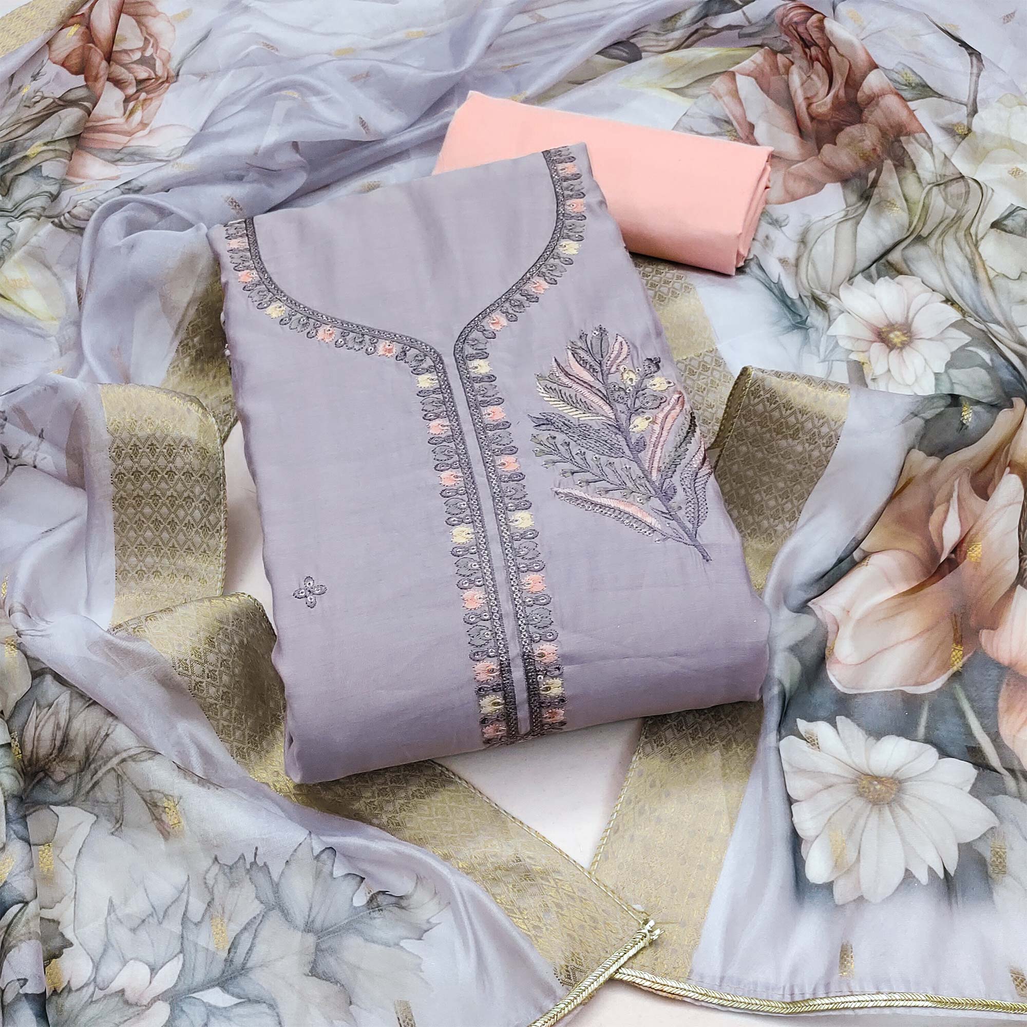 Light Purple Floral Embroidered Cotton Silk Dress Material