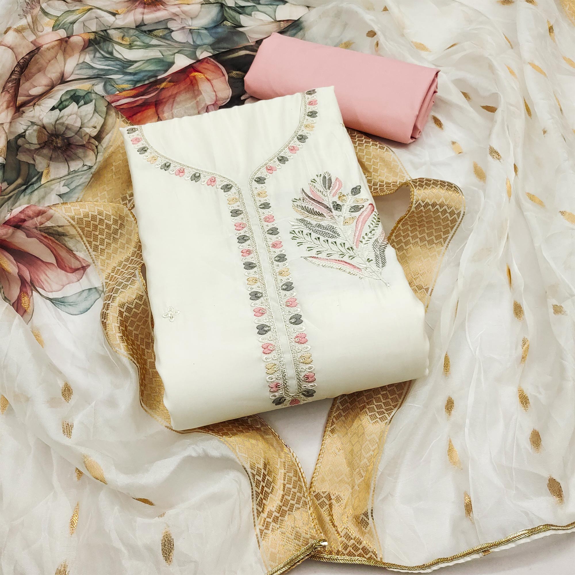 Offwhite Floral Embroidered Cotton Silk Dress Material