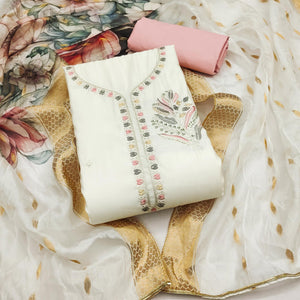 Offwhite Floral Embroidered Cotton Silk Dress Material