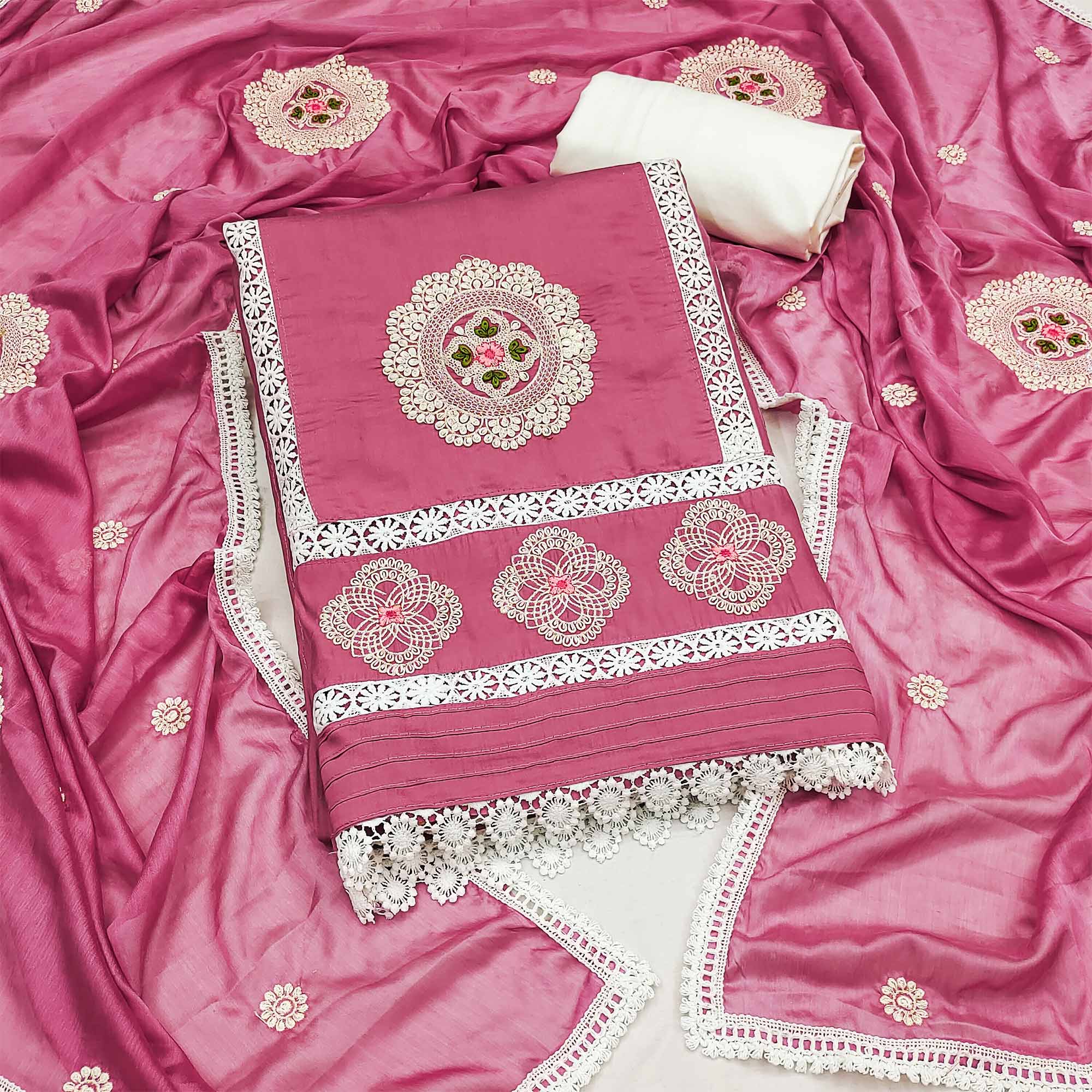 Pink Floral Embroidered Cotton Silk Dress Material