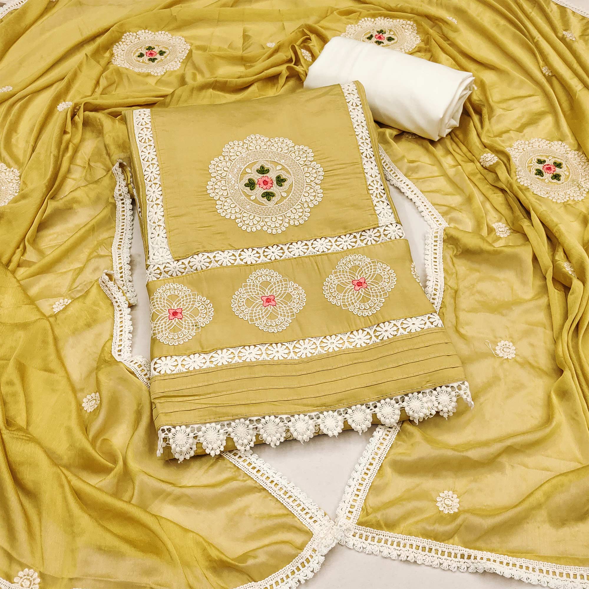 Yellow Floral Embroidered Cotton Silk Dress Material