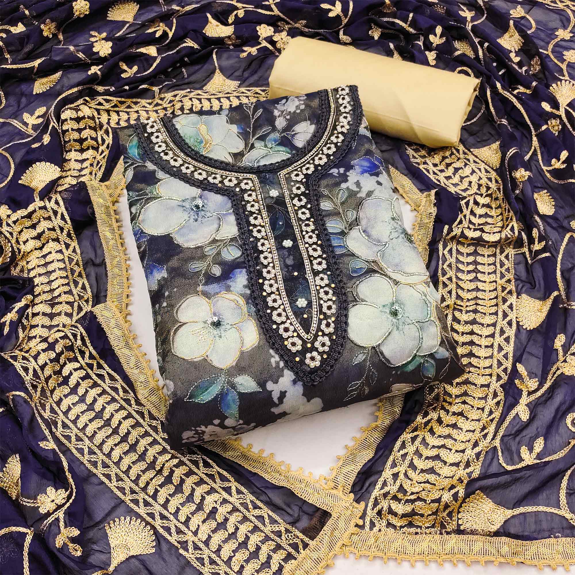 Blue Floral Printed With Hand Embroidered Viscose Dress Material