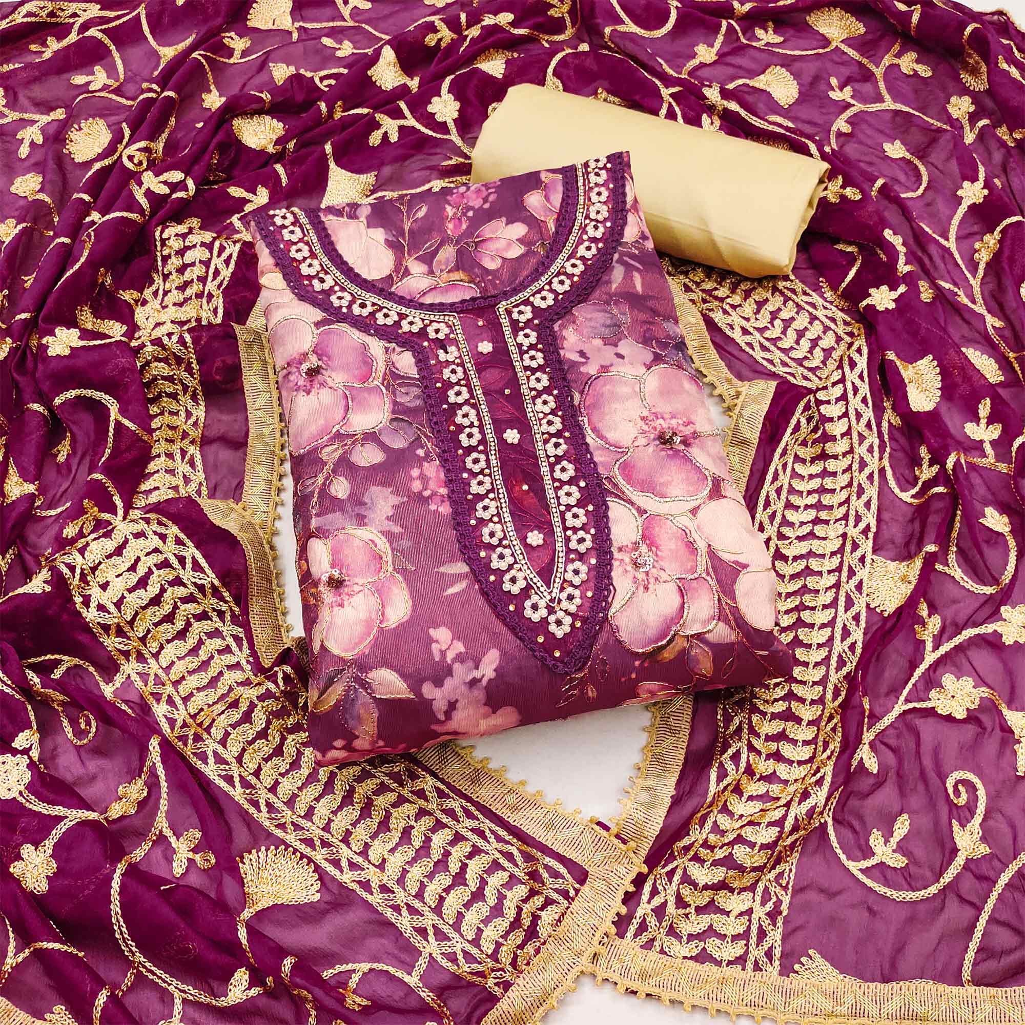 Purple Floral Printed With Hand Embroidered Viscose Dress Material