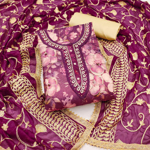 Purple Floral Printed With Hand Embroidered Viscose Dress Material