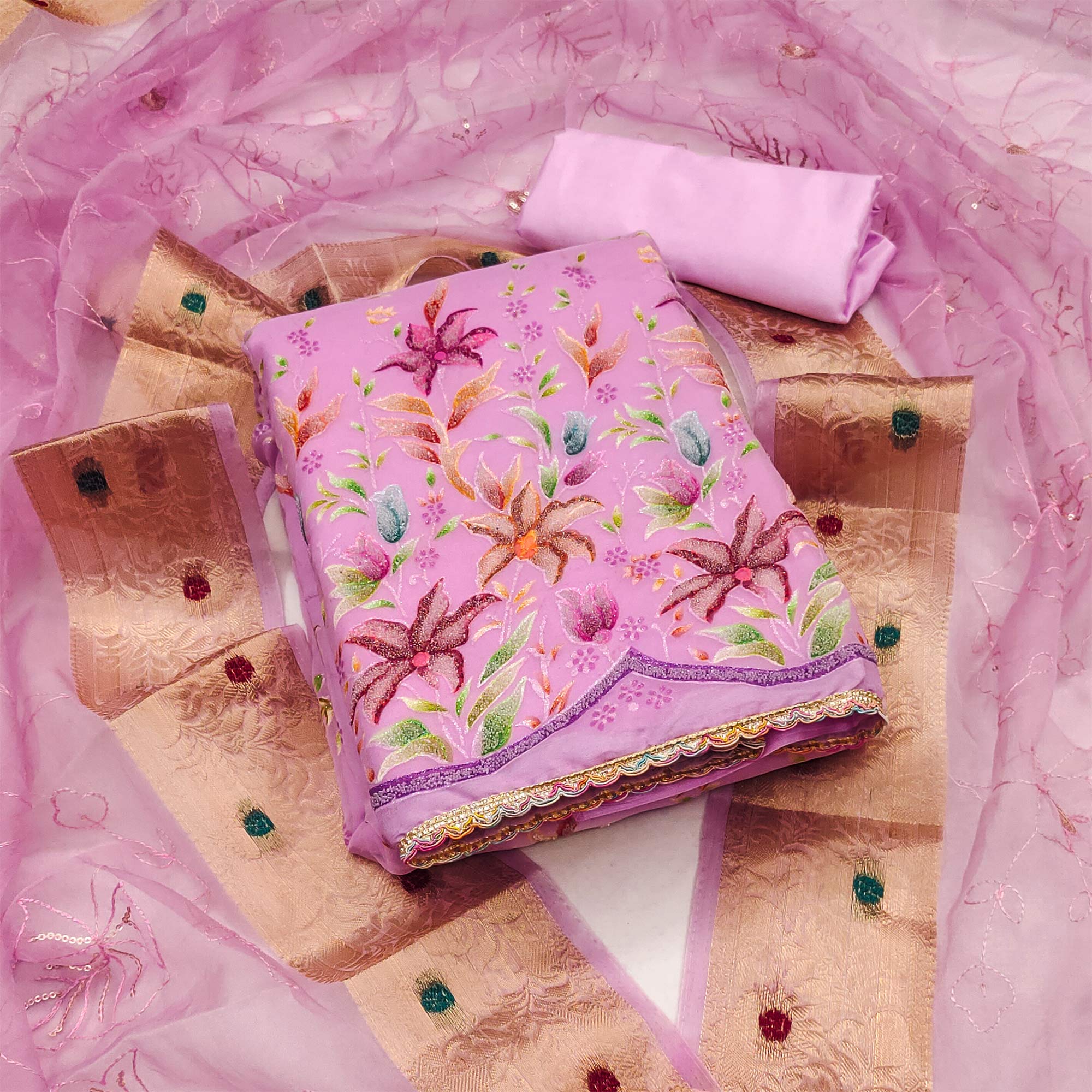 Pink Floral Hand Embroidered Organza Dress Material