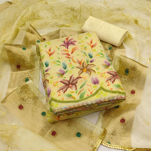 Yellow Floral Hand Embroidered Organza Dress Material