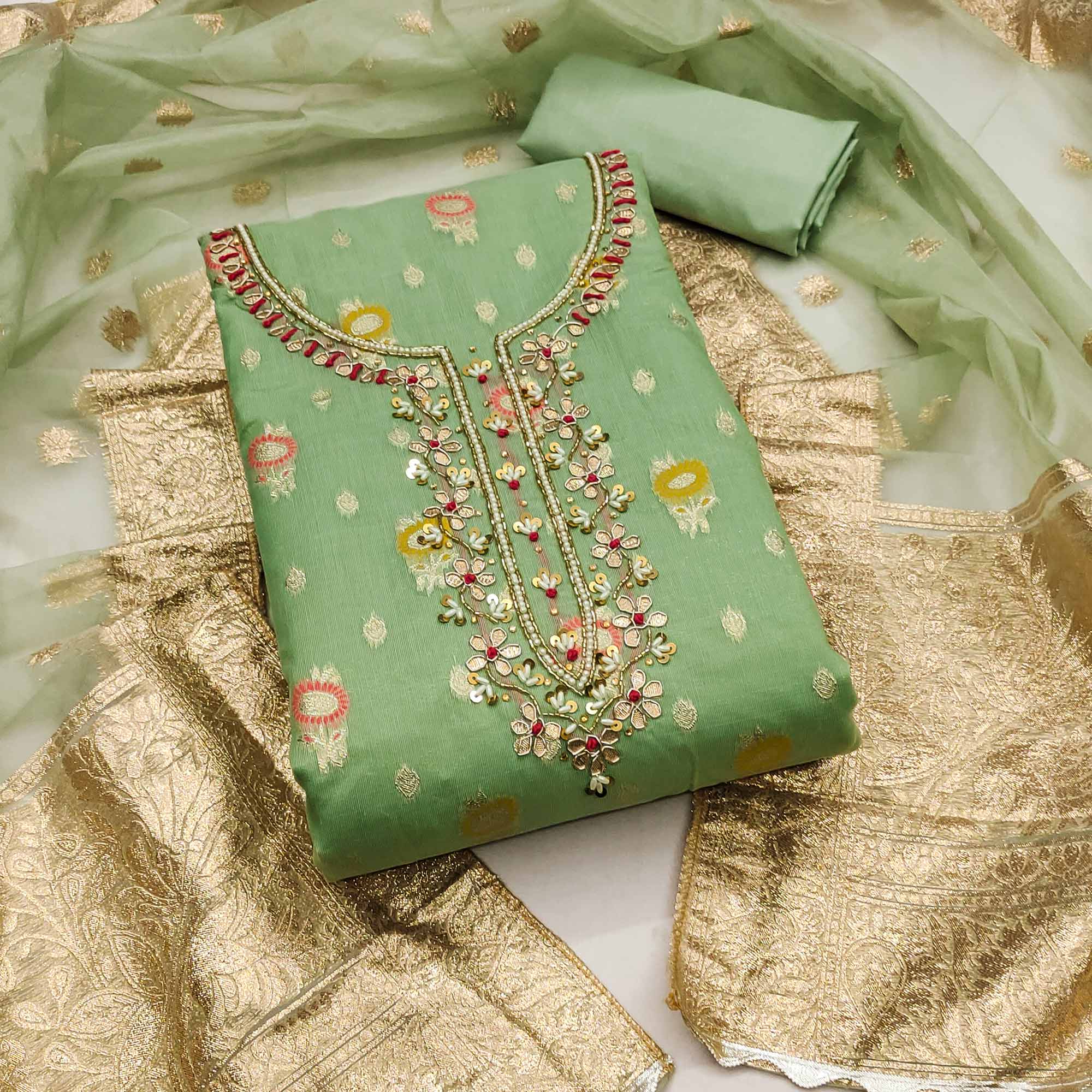 Green Woven With Handwork Organza Dress Material