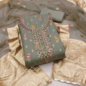 Grey Woven With Handwork Organza Dress Material