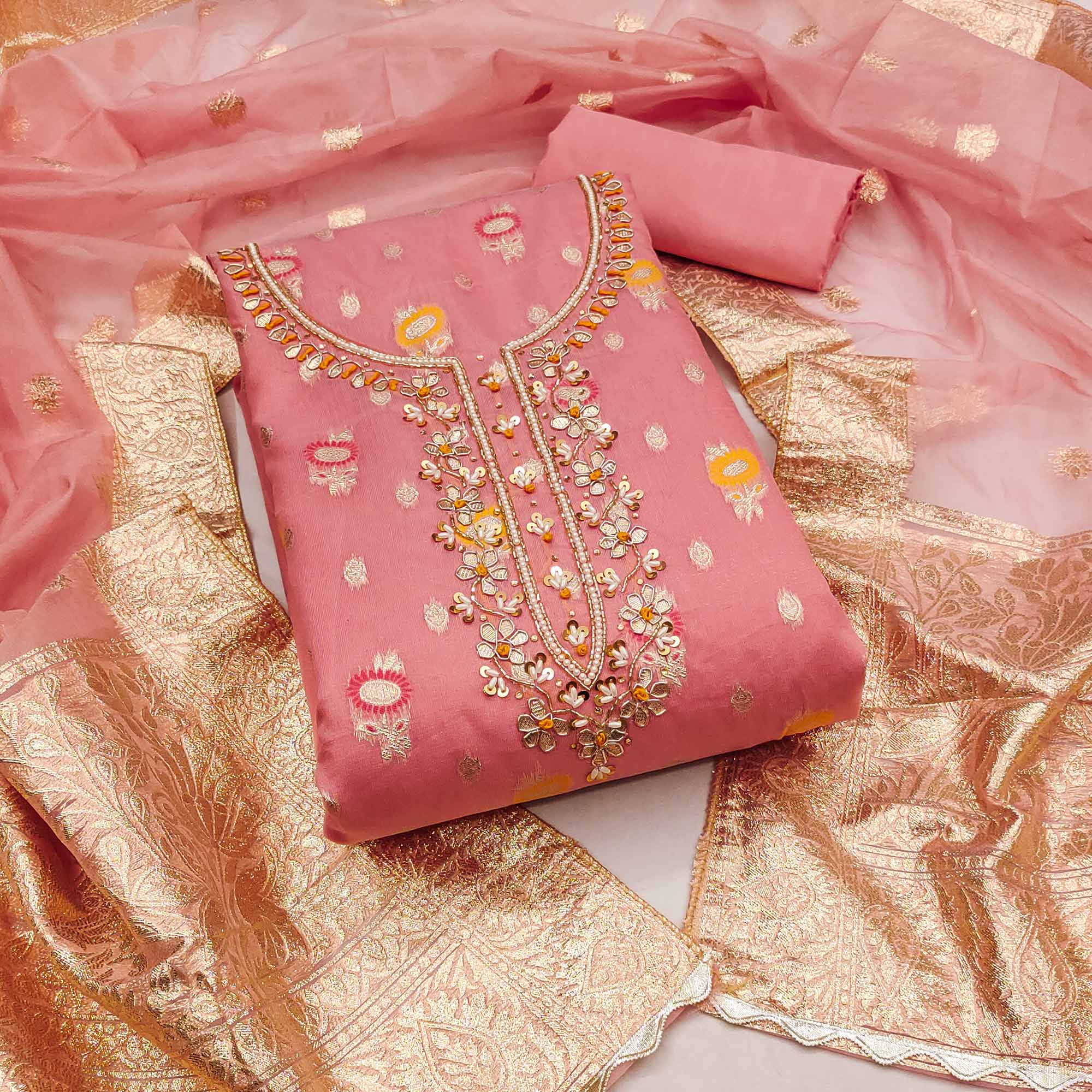 Pink Woven With Handwork Organza Dress Material