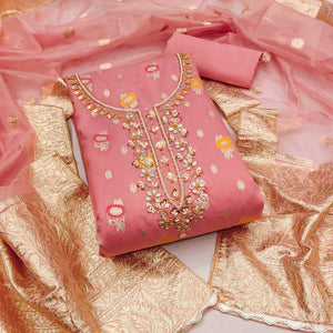 Pink Woven With Handwork Organza Dress Material