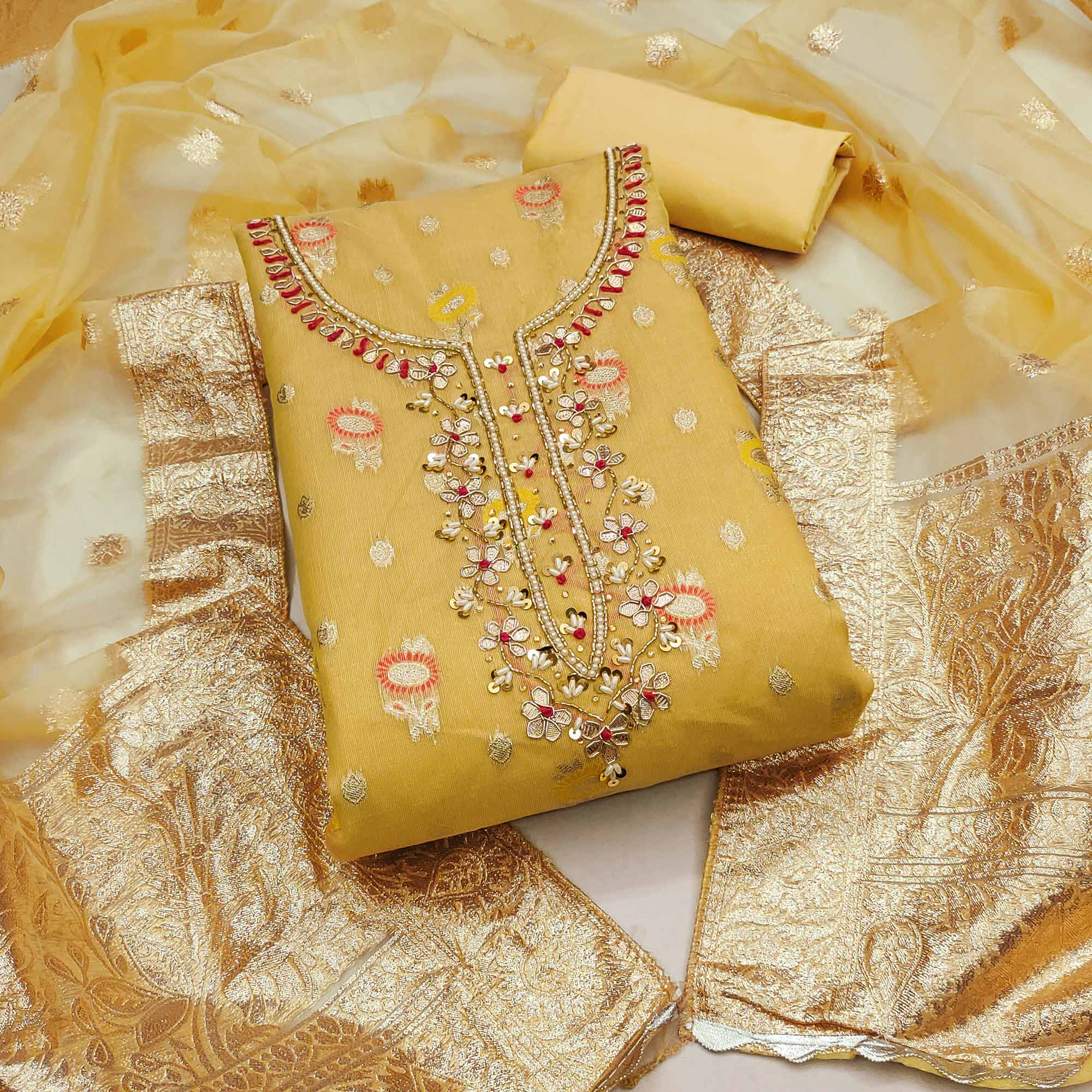 Yellow Woven With Handwork Organza Dress Material