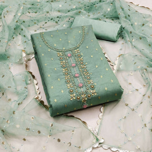 Green Woven With Handwork Organza Dress Material