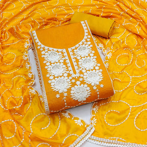 Mustard Floral Sequins Embroidered Chanderi Silk Dress Material
