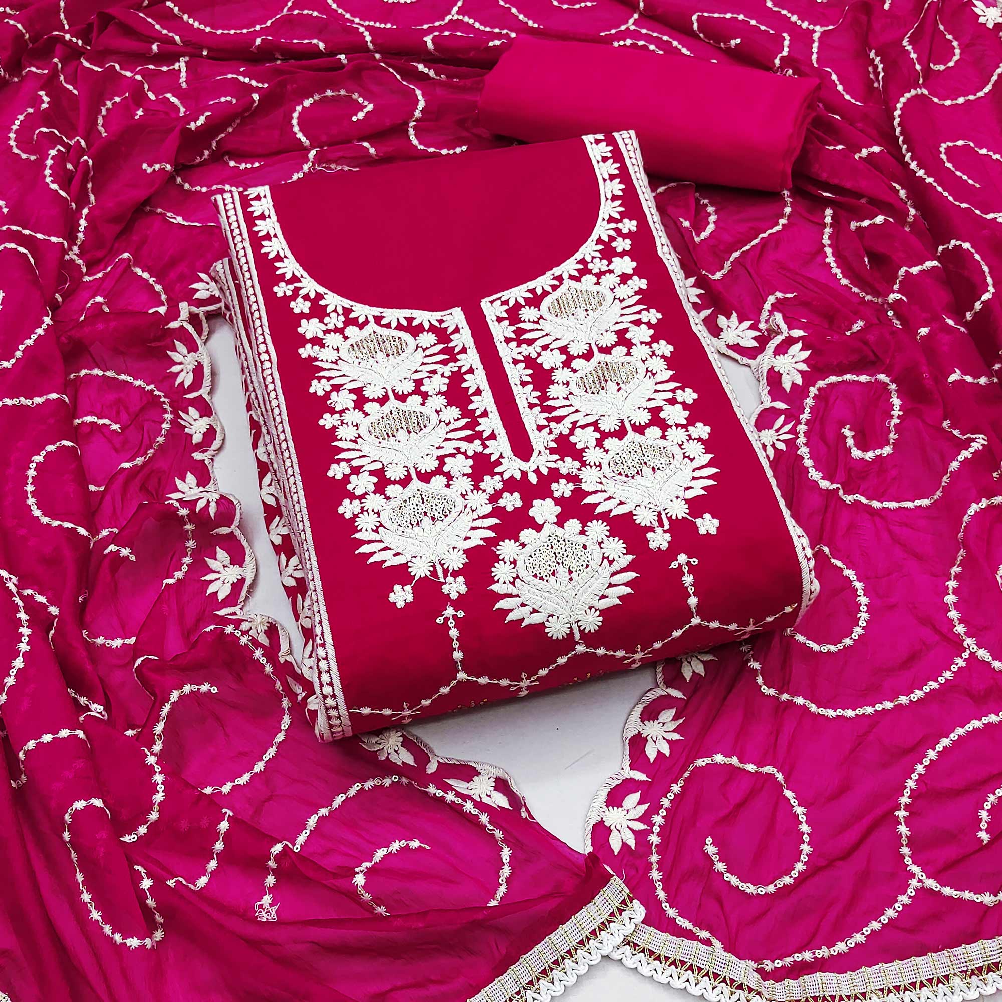 Rani Pink Floral Sequins Embroidered Chanderi Silk Dress Material