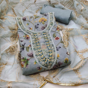 Grey Floral Digital Printed With Hand Embroidery Organza Dress Material