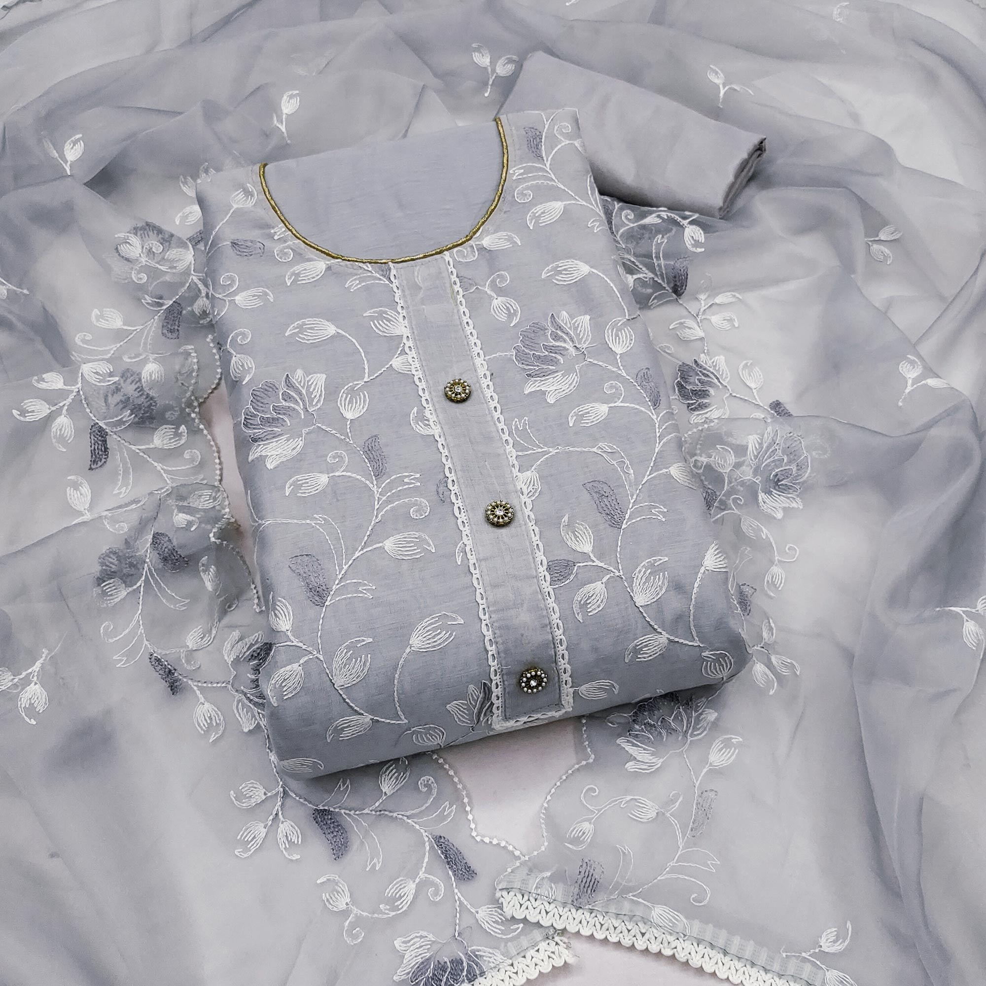 Grey Floral Embroidered Chanderi Silk Dress Material