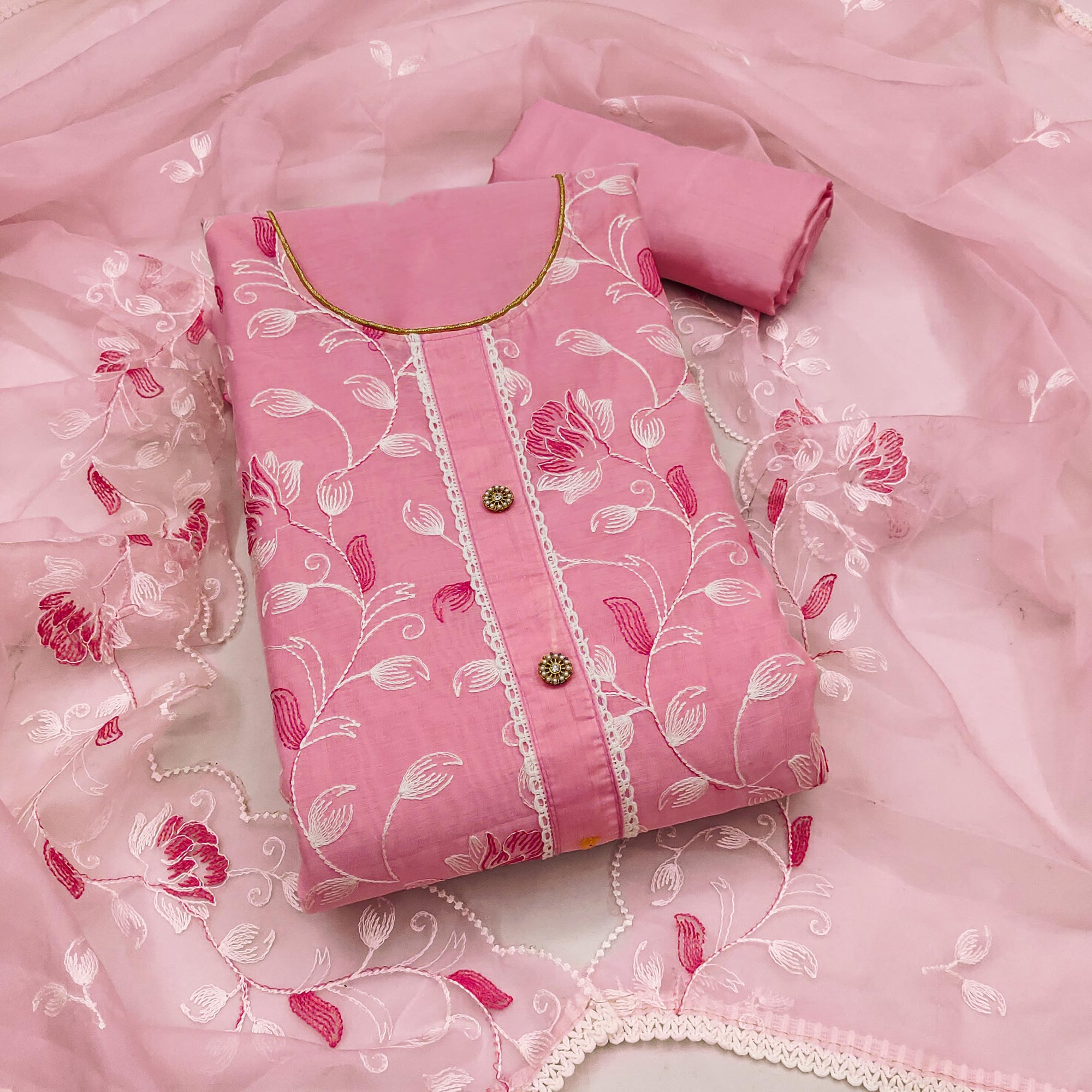 Pink Floral Embroidered Chanderi Silk Dress Material