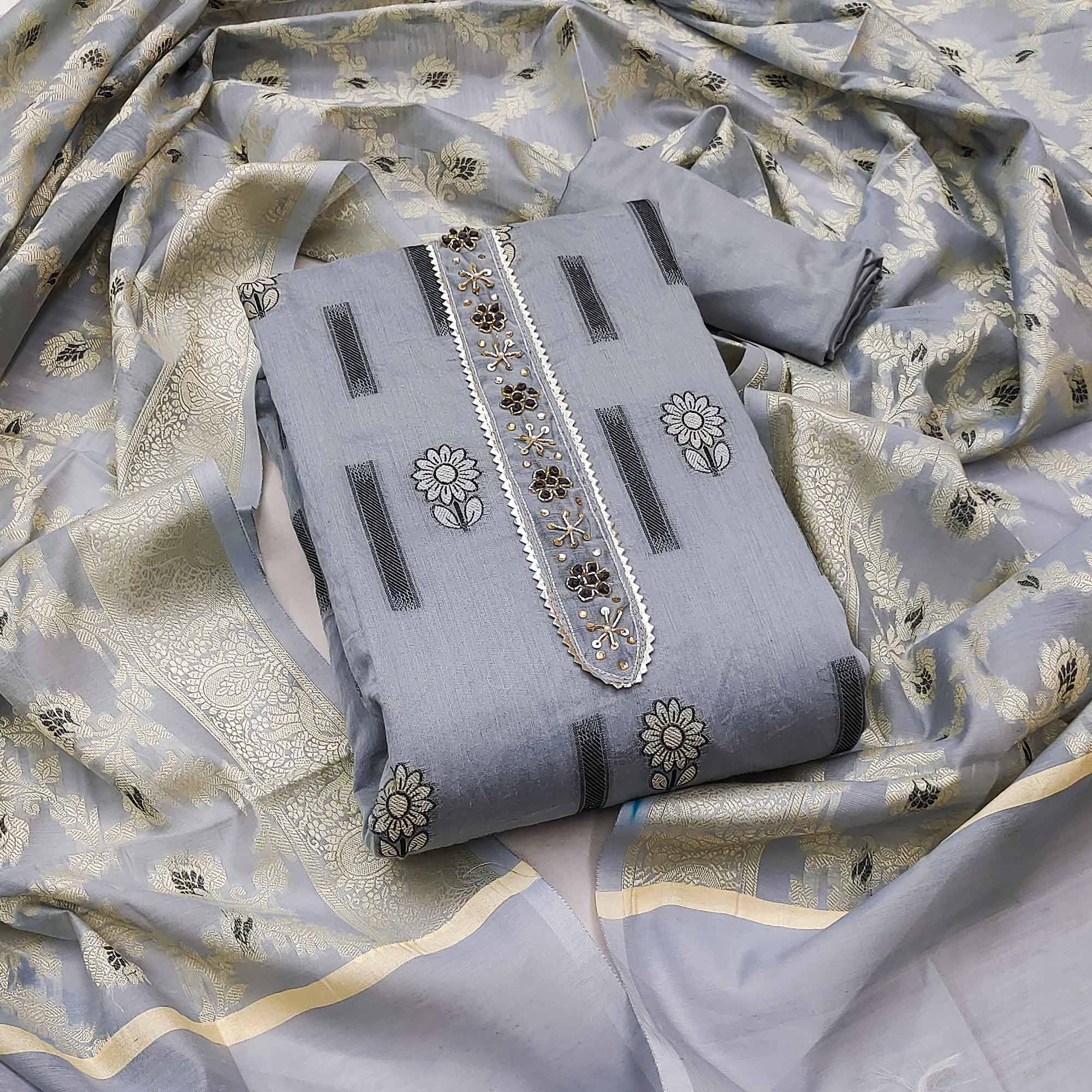 Grey Floral Woven With Handwork Chanderi Silk Dress Material