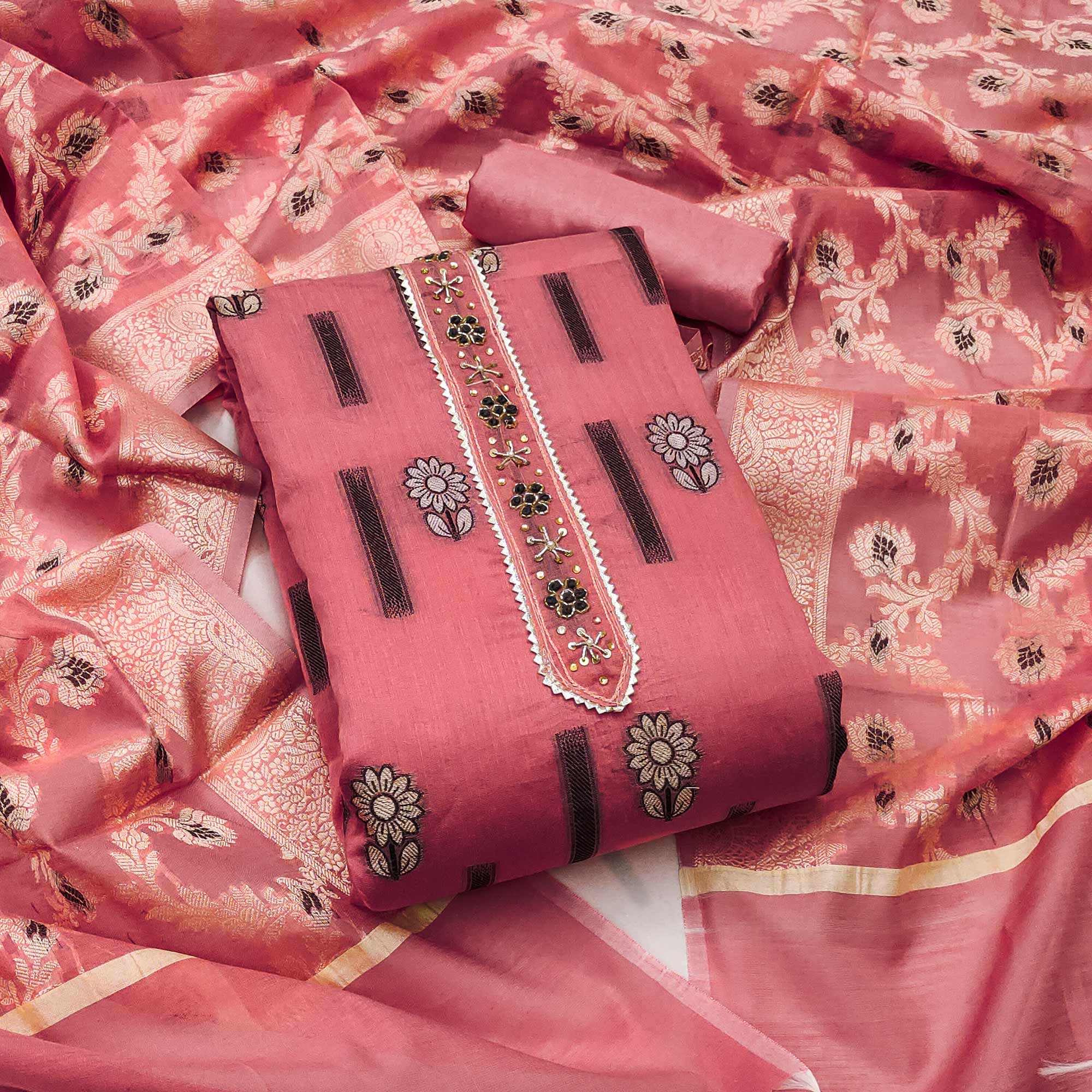 Peach Floral Woven With Handwork Chanderi Silk Dress Material