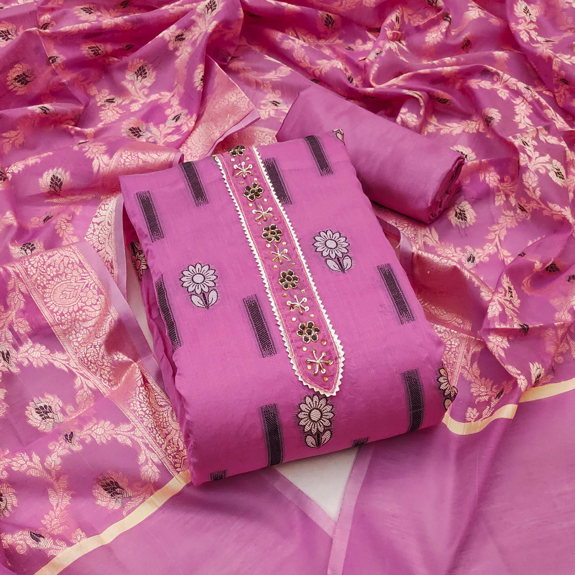 Pink Floral Woven With Handwork Chanderi Silk Dress Material