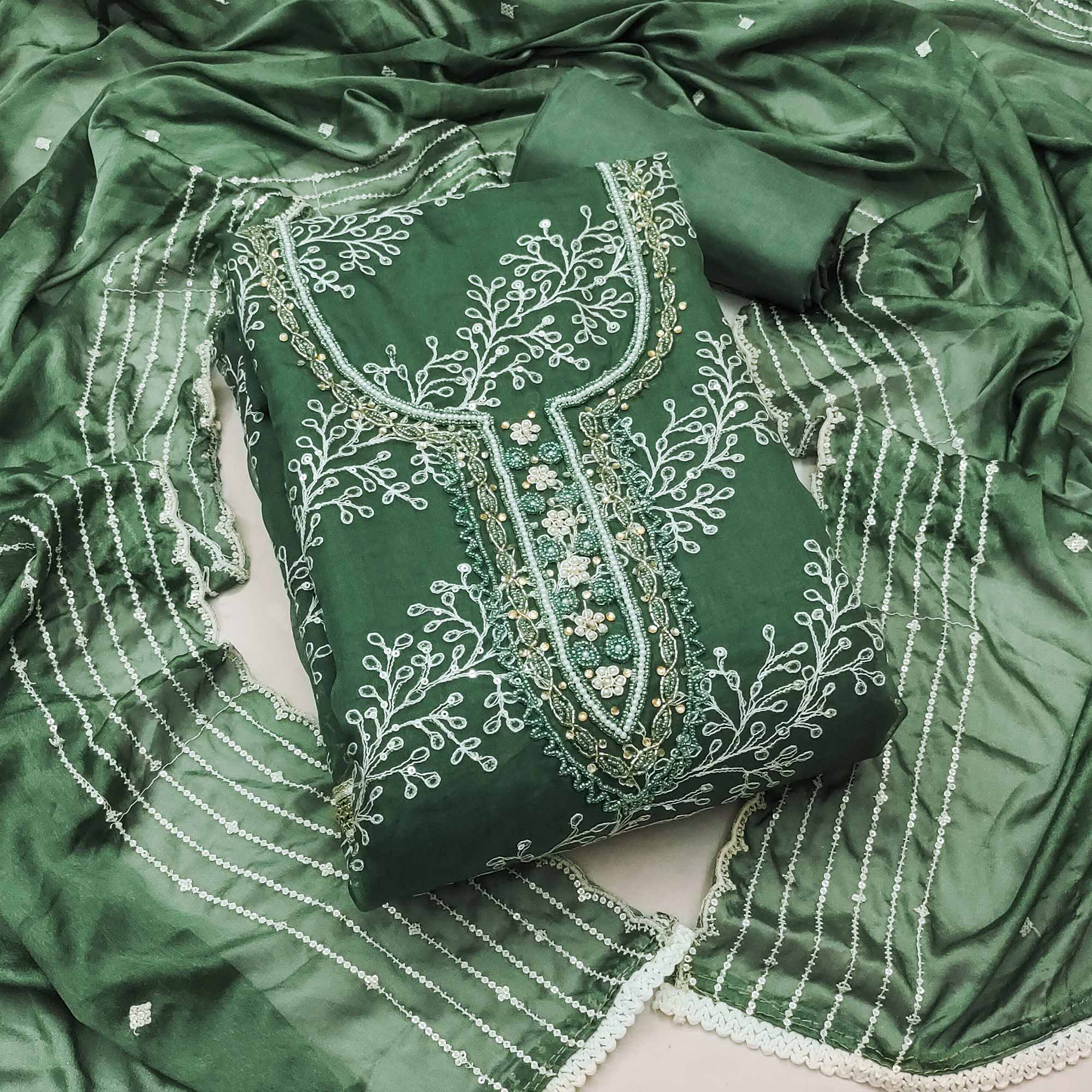 Bottle Green Sequins Embroidery With Handwork Organza Dress Material