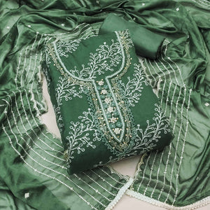 Bottle Green Sequins Embroidery With Handwork Organza Dress Material