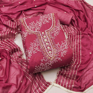 Pink Sequins Embroidery With Handwork Organza Dress Material